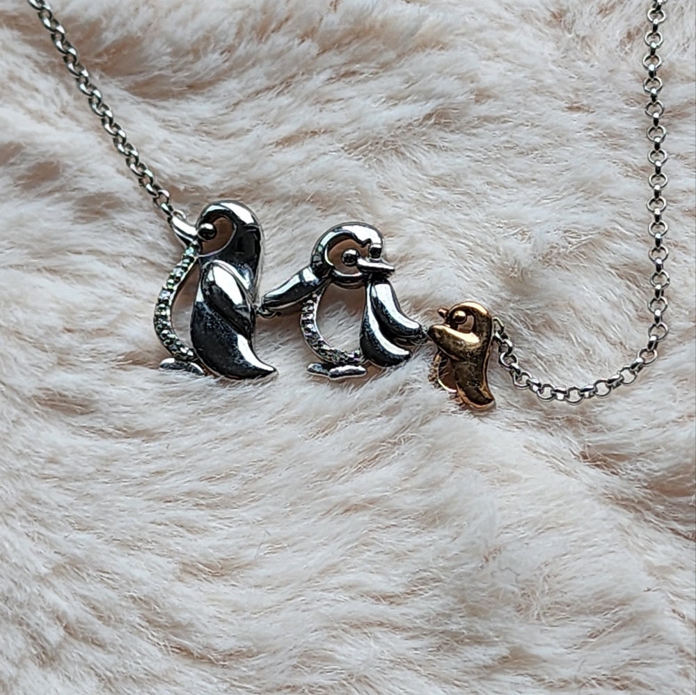 Sterling silver family penguin necklace